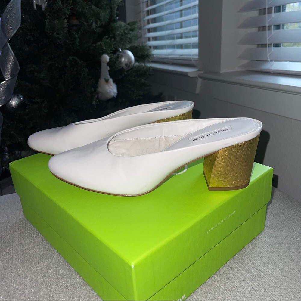 White & Gold Antonio Melani Block Heel Mules / 9.5 US